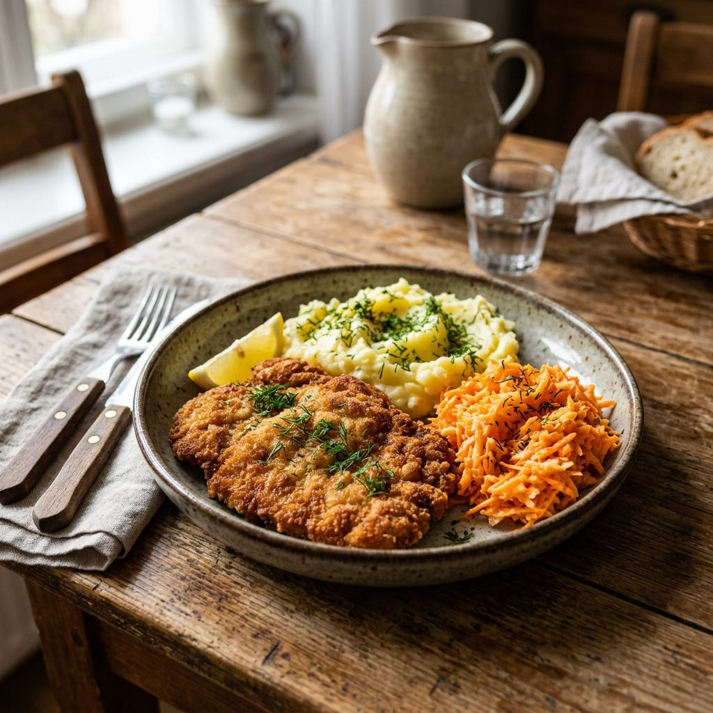 Kotlet schabowy z ziemniakami i surówką z marchewki
