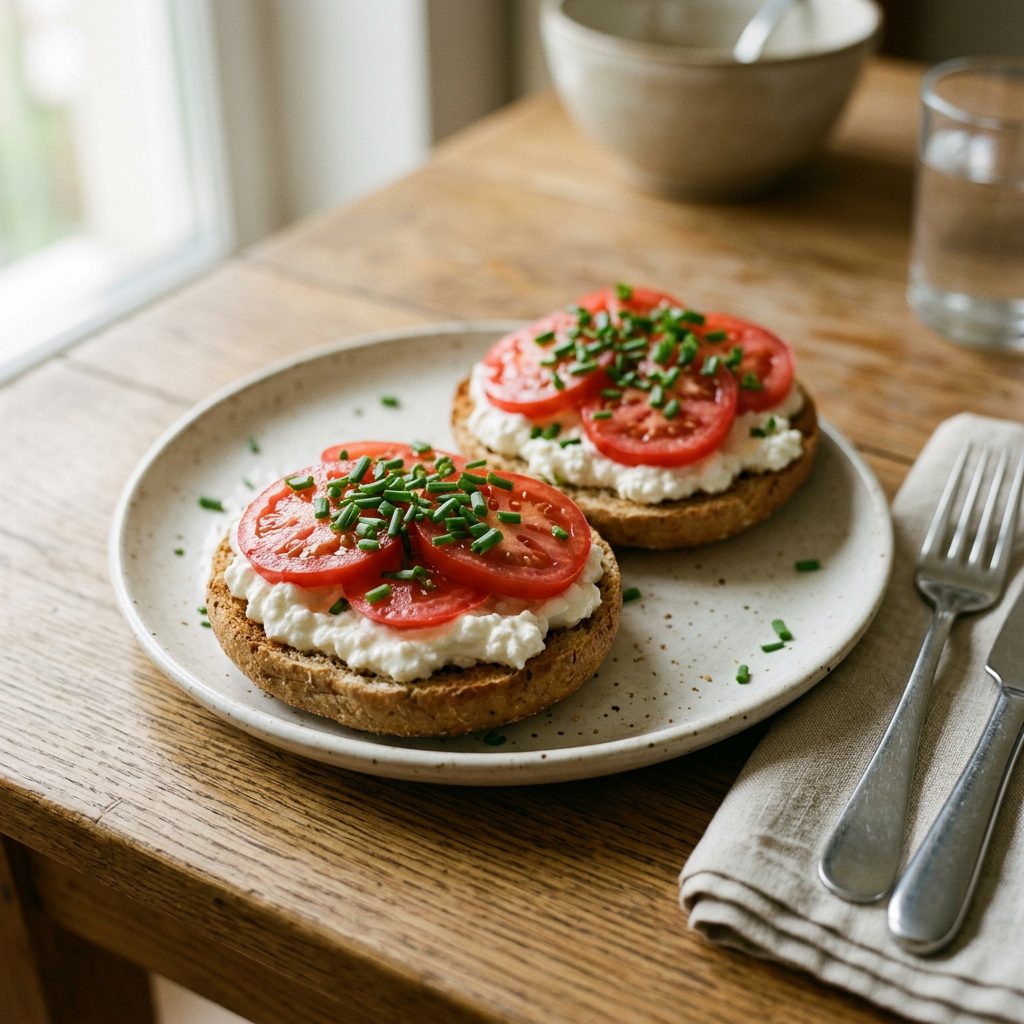 Bułka z serkiem wiejskim i pomidorem
