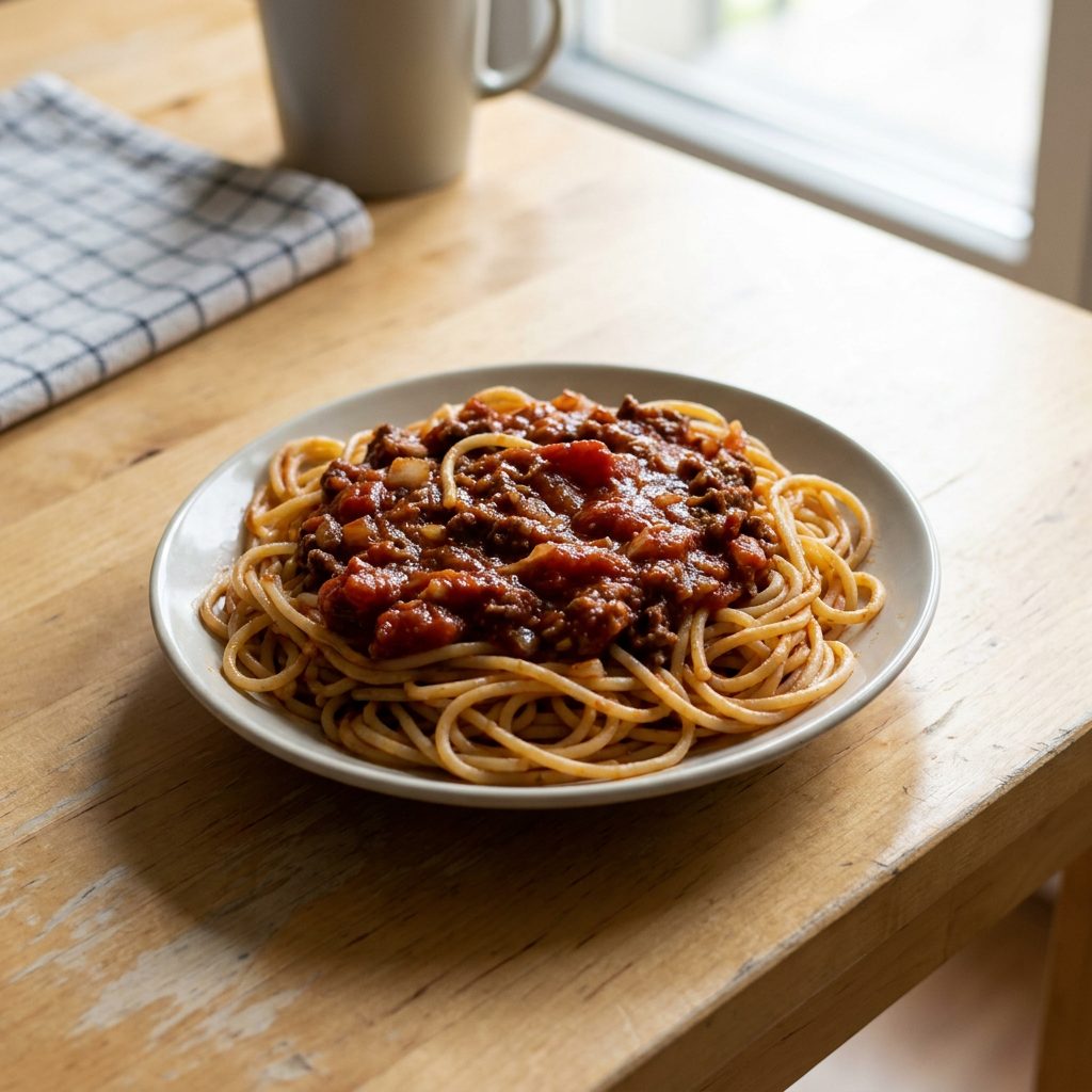 Spaghetti z mięsem mielonym w sosie pomidorowym