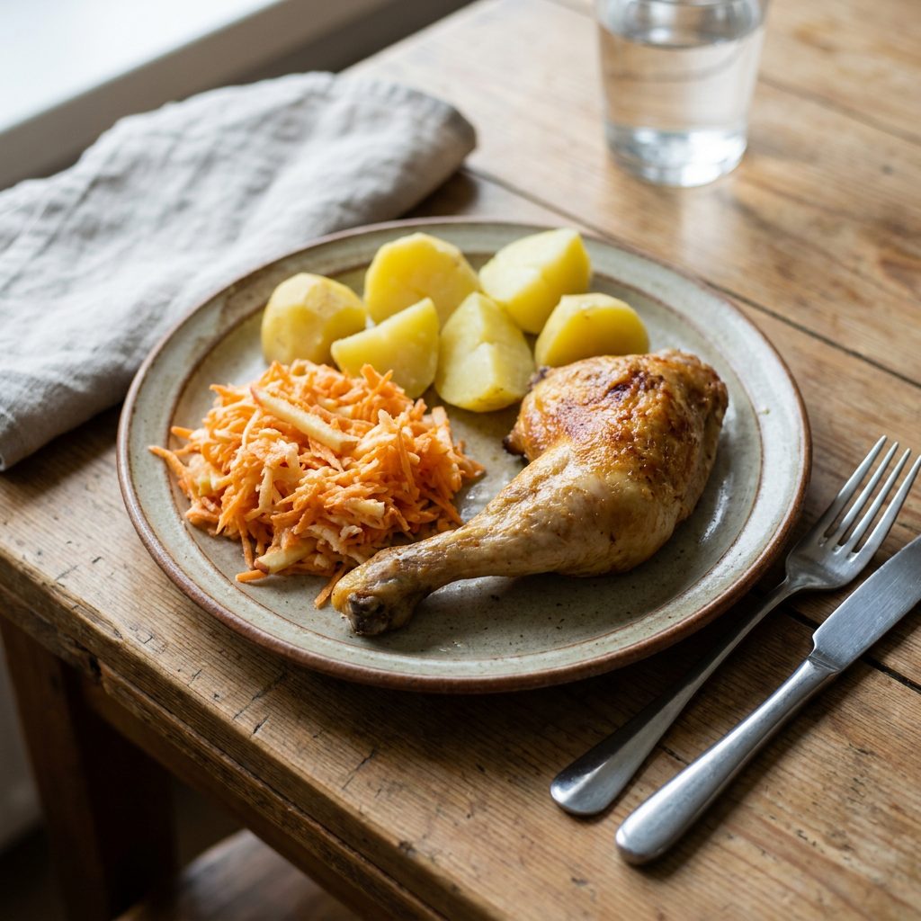 Udko pieczone z ziemniakami i surówką z marchewki