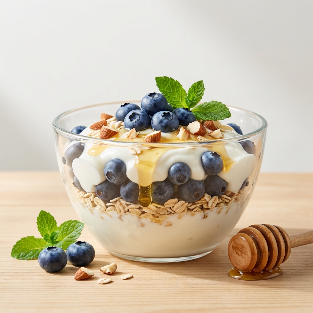 Jogurt z Borówkami, Miodem i Migdałami