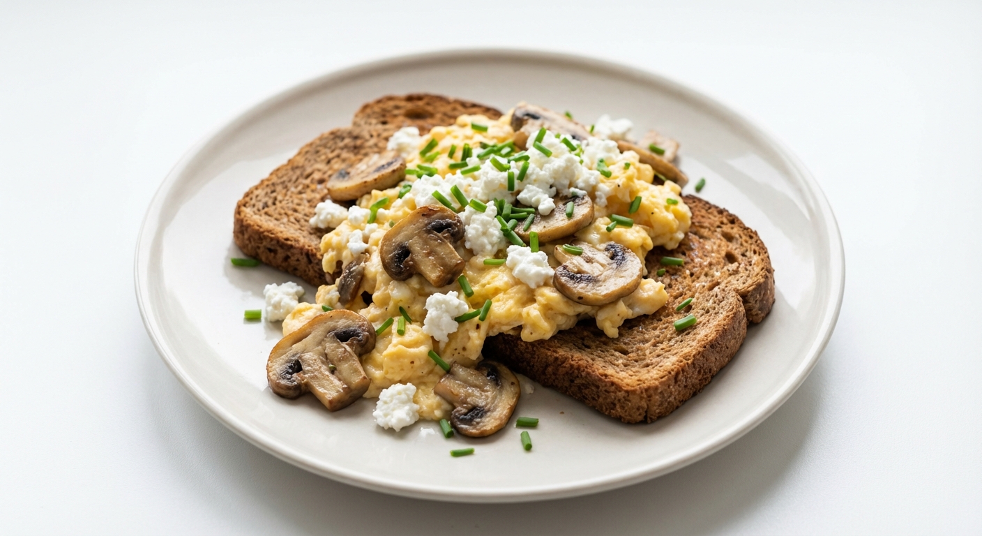 Jajecznica z Pieczarkami i Twarogiem na Razowcu