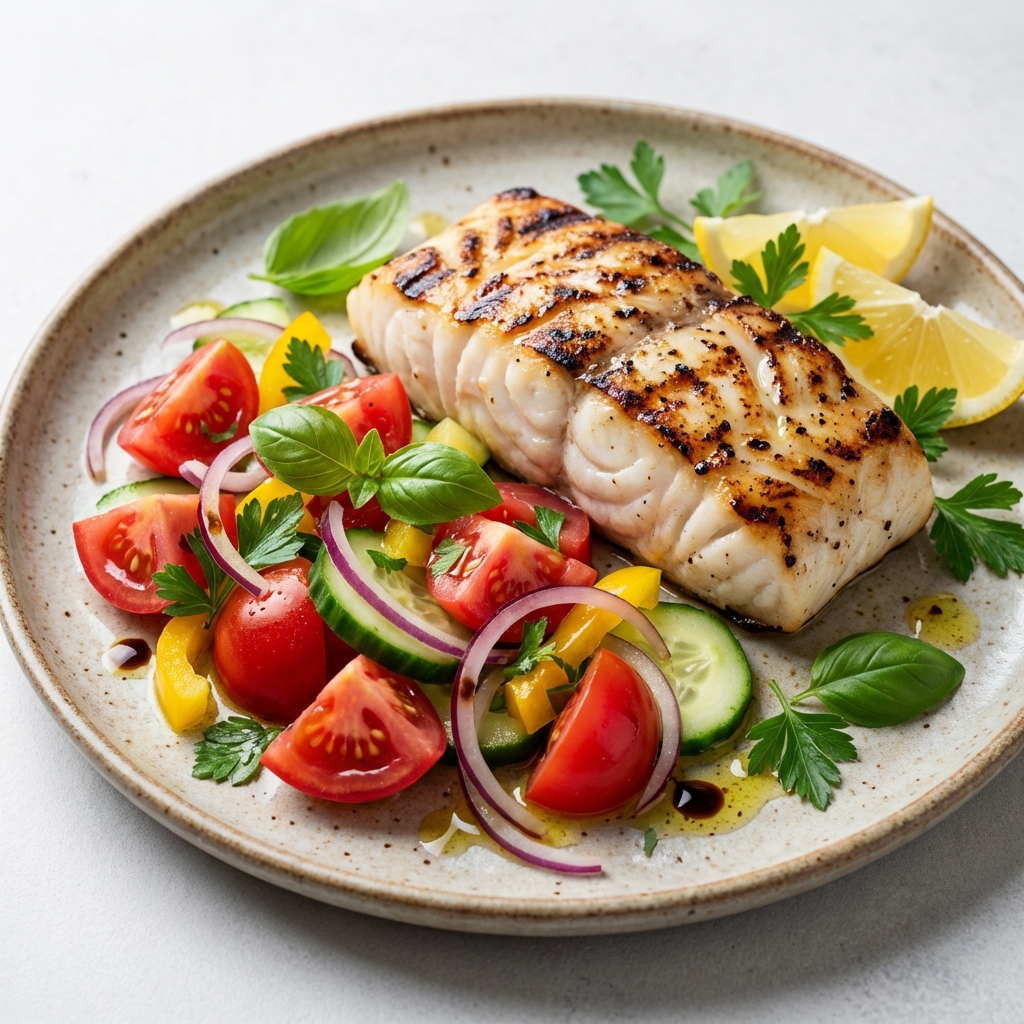 Grillowany dorsz z sałatką pomidorową