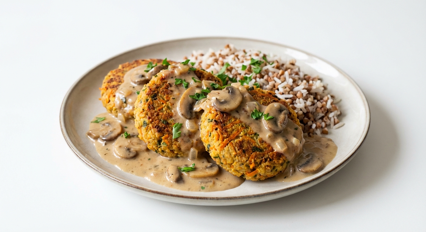 Kotlety z soczewicy w sosie pieczarkowym