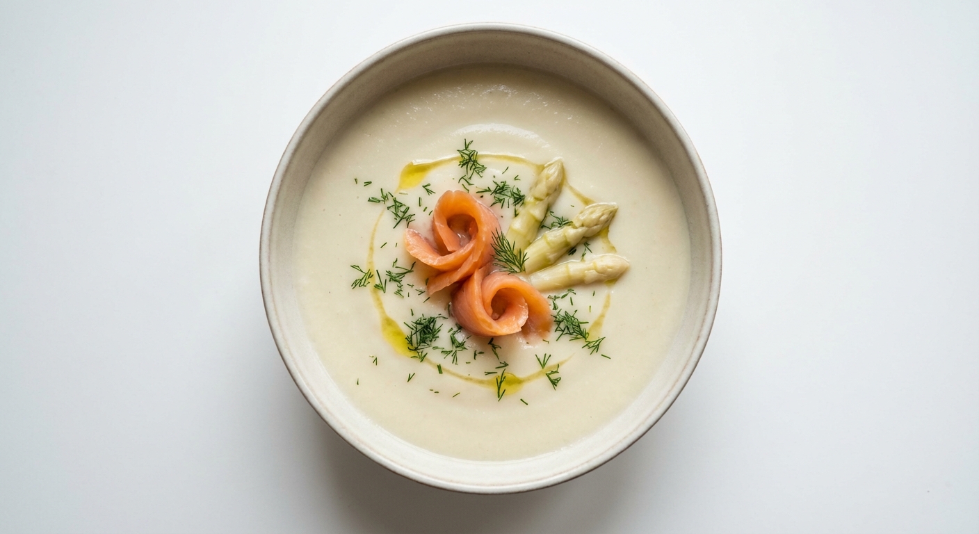 Krem z białych szparagów z łososiem