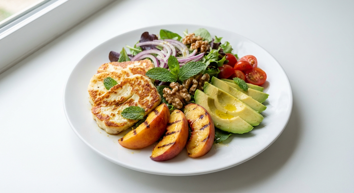 Sałatka z Halloumi, Brzoskwini i Orzechami