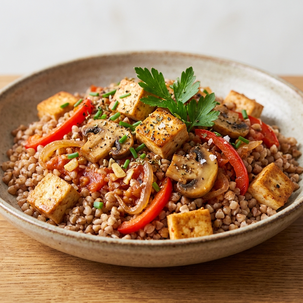 Kasza Gryczana z Tofu i Pieczarkami