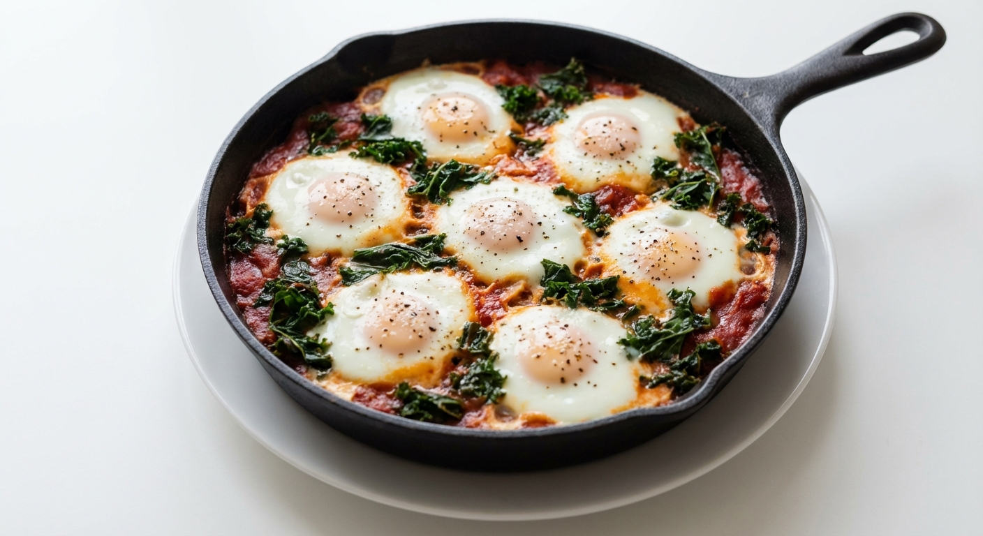 Jajka Zapiekane z Jarmużem w Pomidorach