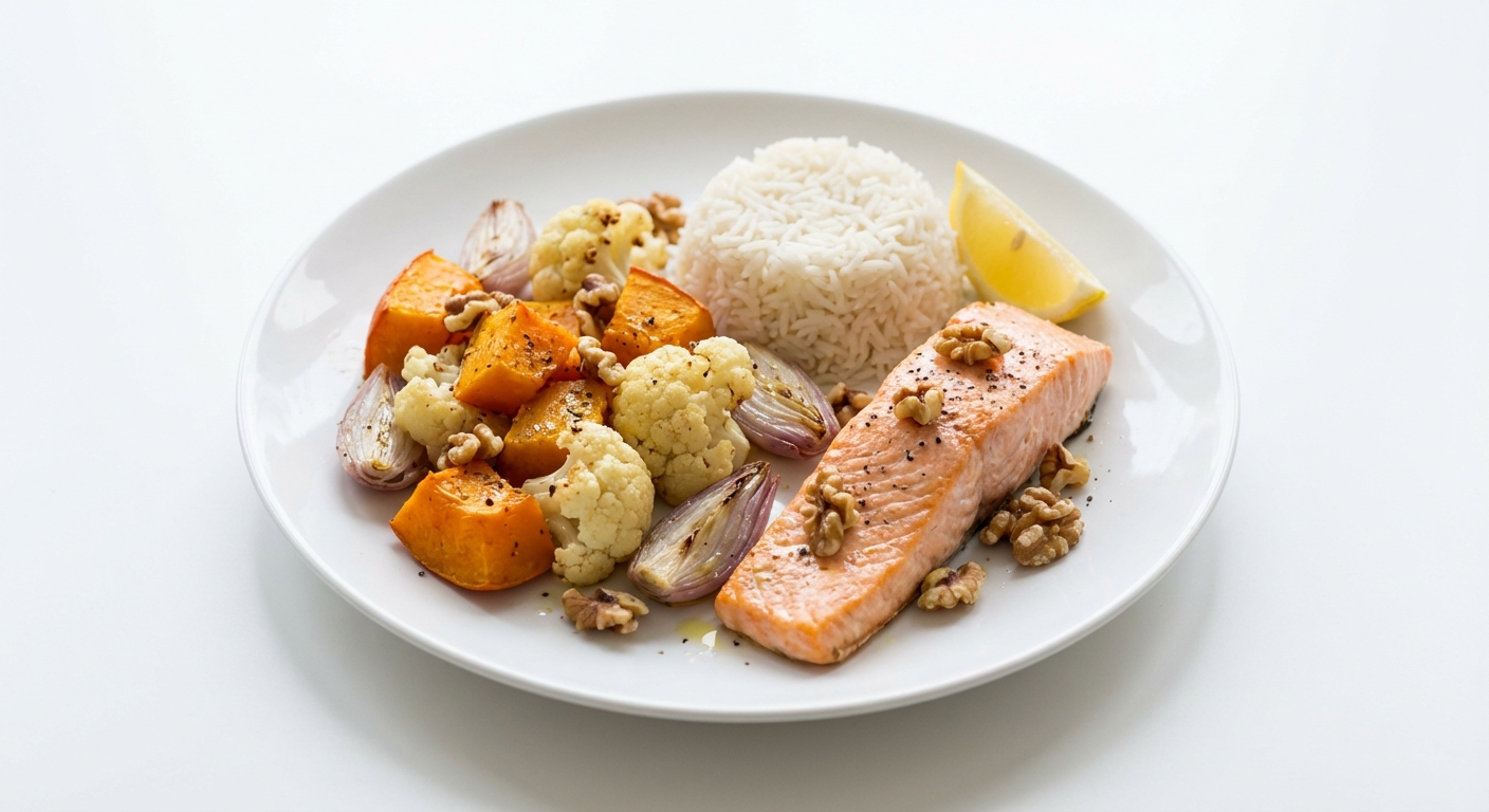 Łosoś z Dynią, Kalafiorem i Orzechami