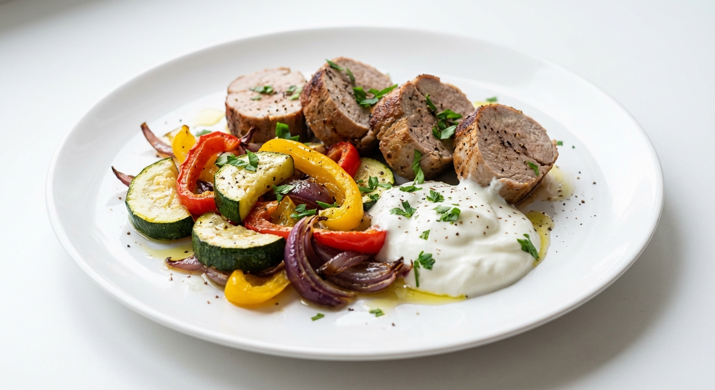 Polędwica z warzywami i sosem jogurtowym