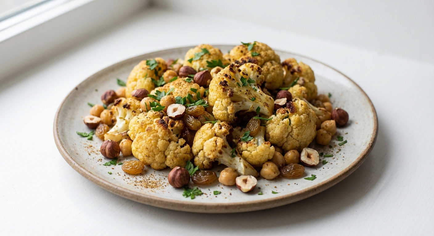 Pieczony kalafior z orzechami i rodzynkami