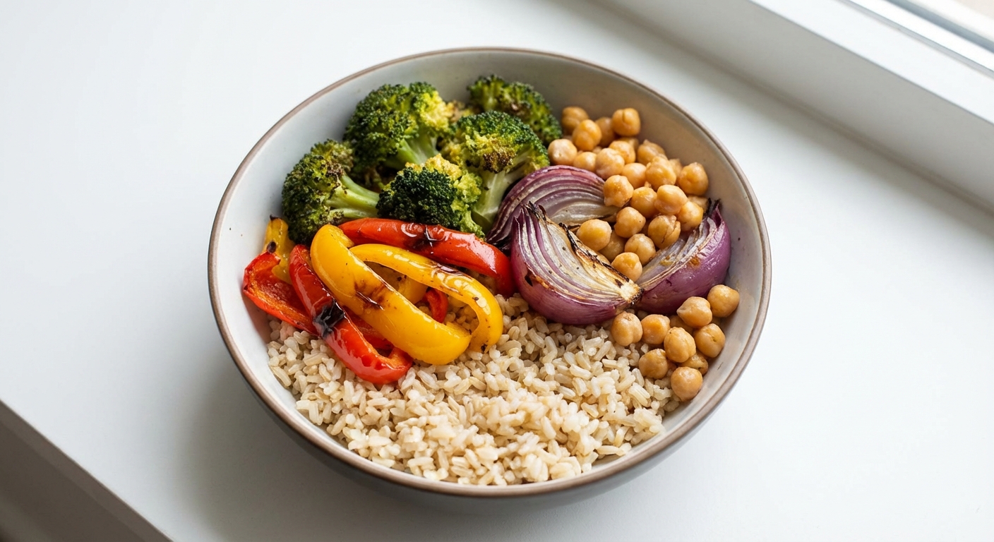 Miska z ryżem, warzywami i ciecierzycą