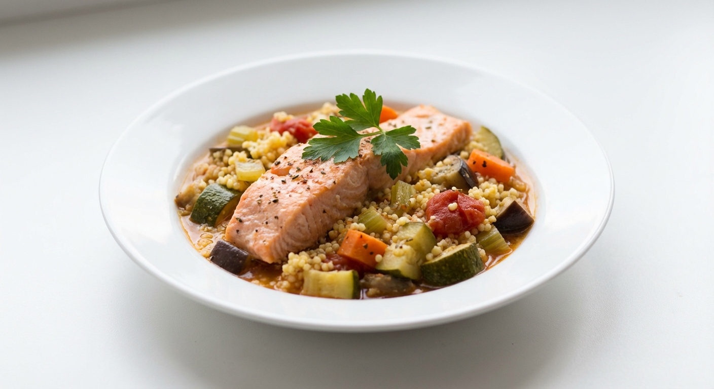 Łosoś Duszony z Kaszą Jaglaną i Warzywami