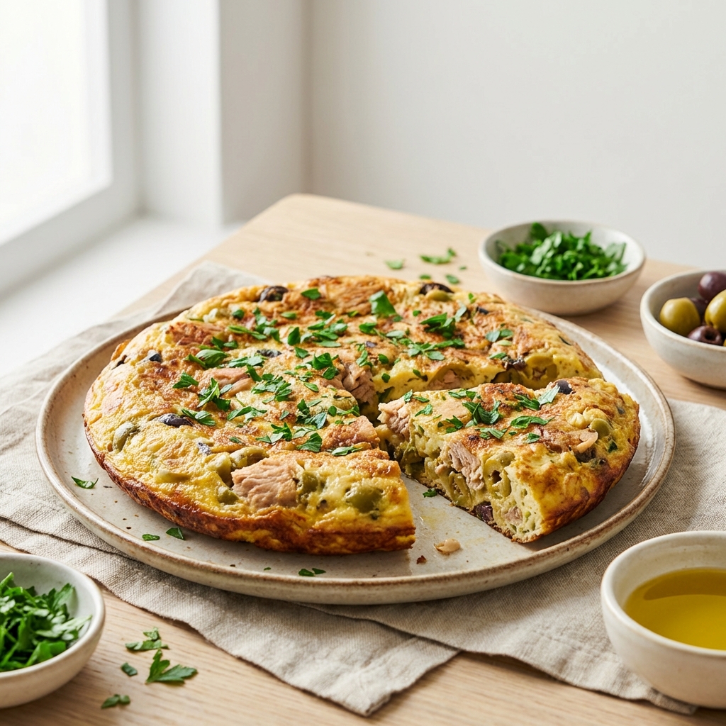 Omlet z tuńczykiem, oliwkami i czosnkiem