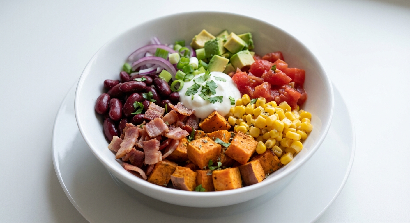 Bowl z batatami, fasolą i awokado