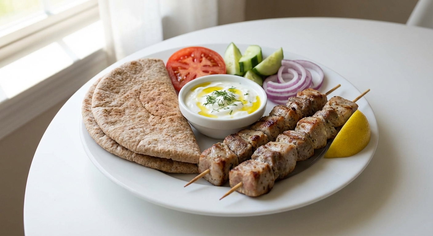 Wieprzowina Souvlaki z Warzywami i Jogurtem