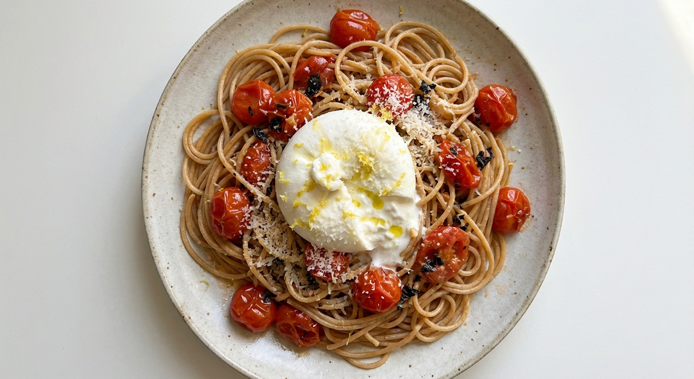 Spaghetti z Burratą i Pomidorkami Koktajlowymi