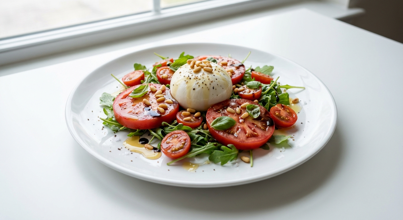 Burrata z pomidorami, rukolą i miodem