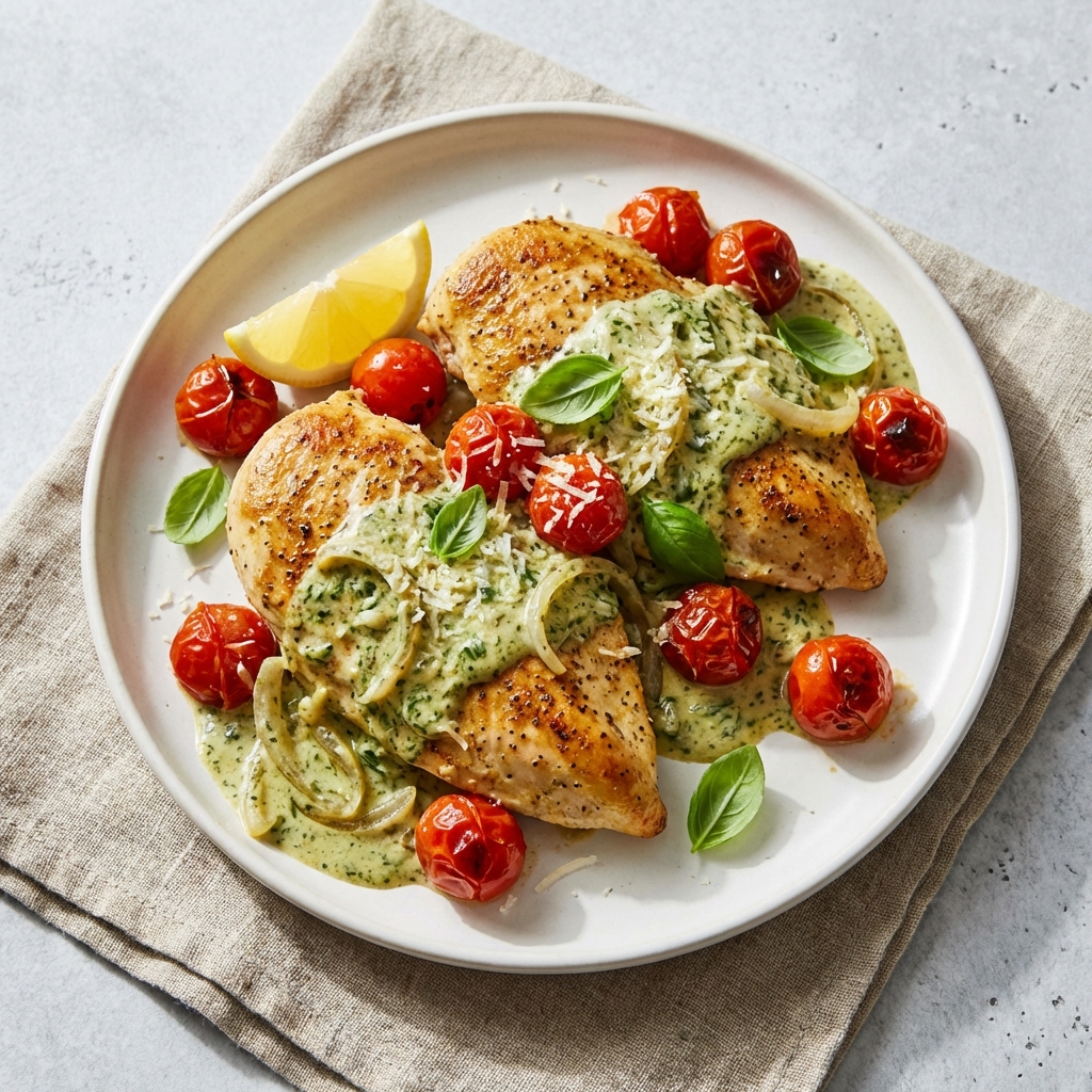 Kurczak w Bazyliowym Sosie z Pomidorami