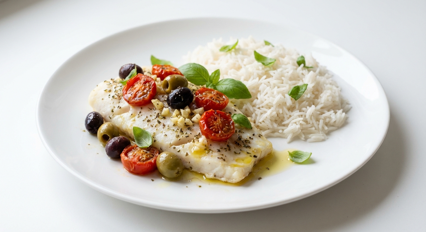 Dorsz z Pomidorami i Oliwkami Pieczony