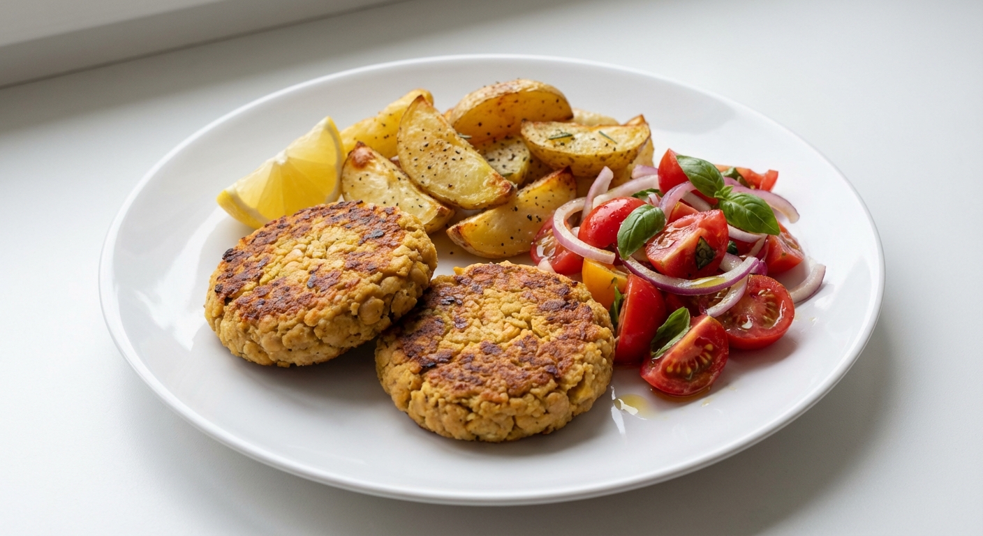 Kotleciki z Ciecierzycy, Ziemniaki, Pomidorowa Sałatka