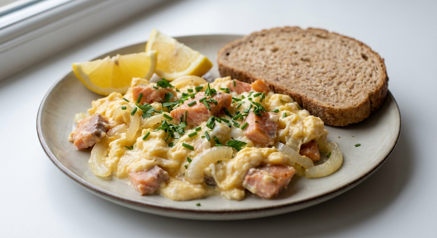 Kremowa jajecznica z pstrągiem i cytryną