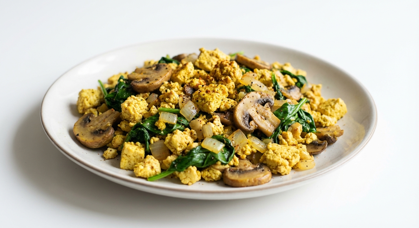 Tofu Scramble z Pieczarkami i Szpinakiem