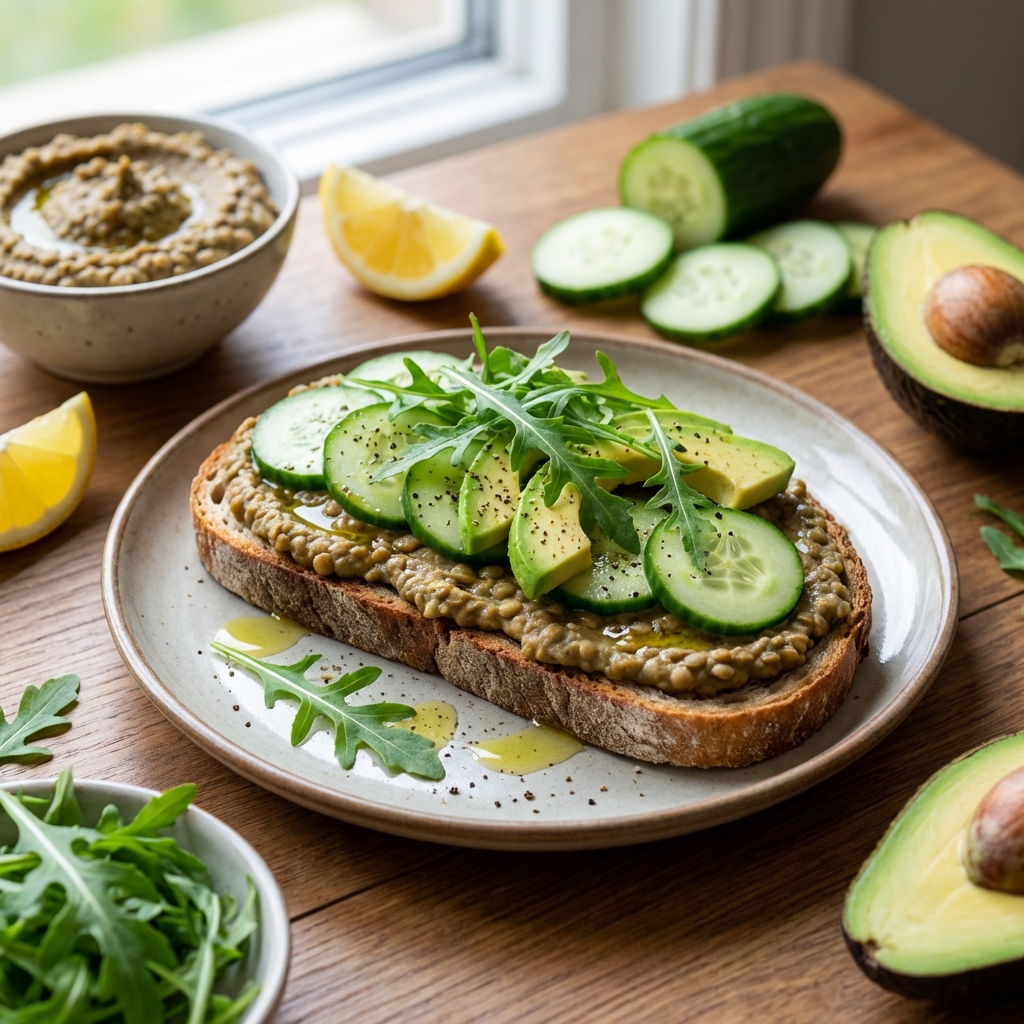 Żytnia kanapka z soczewicą i ogórkiem