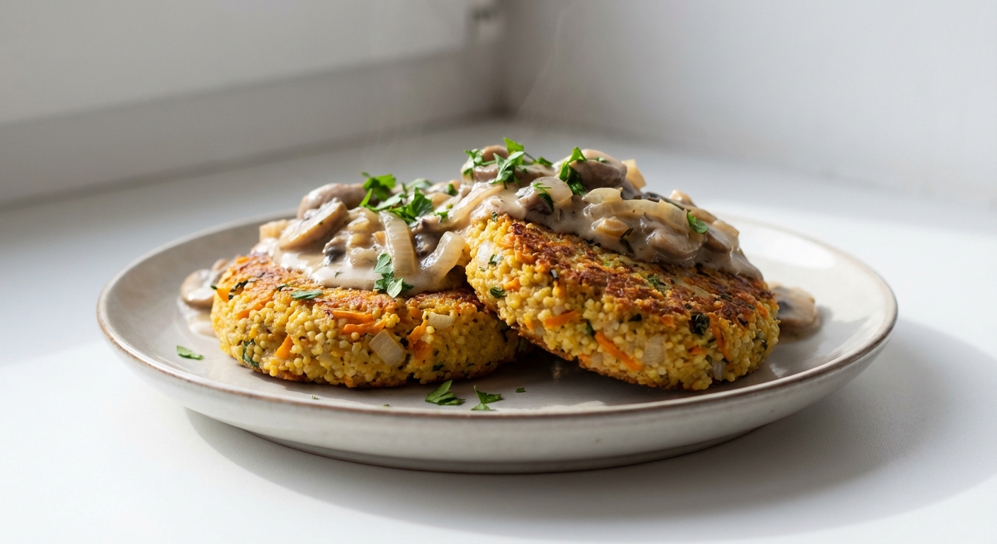 Kotlety Jaglane z Pieczarkami w Sosie