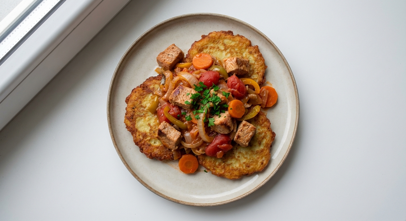 Placki ziemniaczane z polędwicą z gulaszem wieprzowym