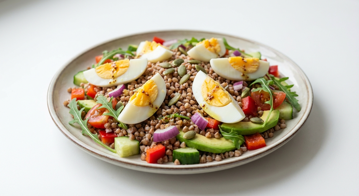 Gryczana sałatka z jajkiem i rukolą