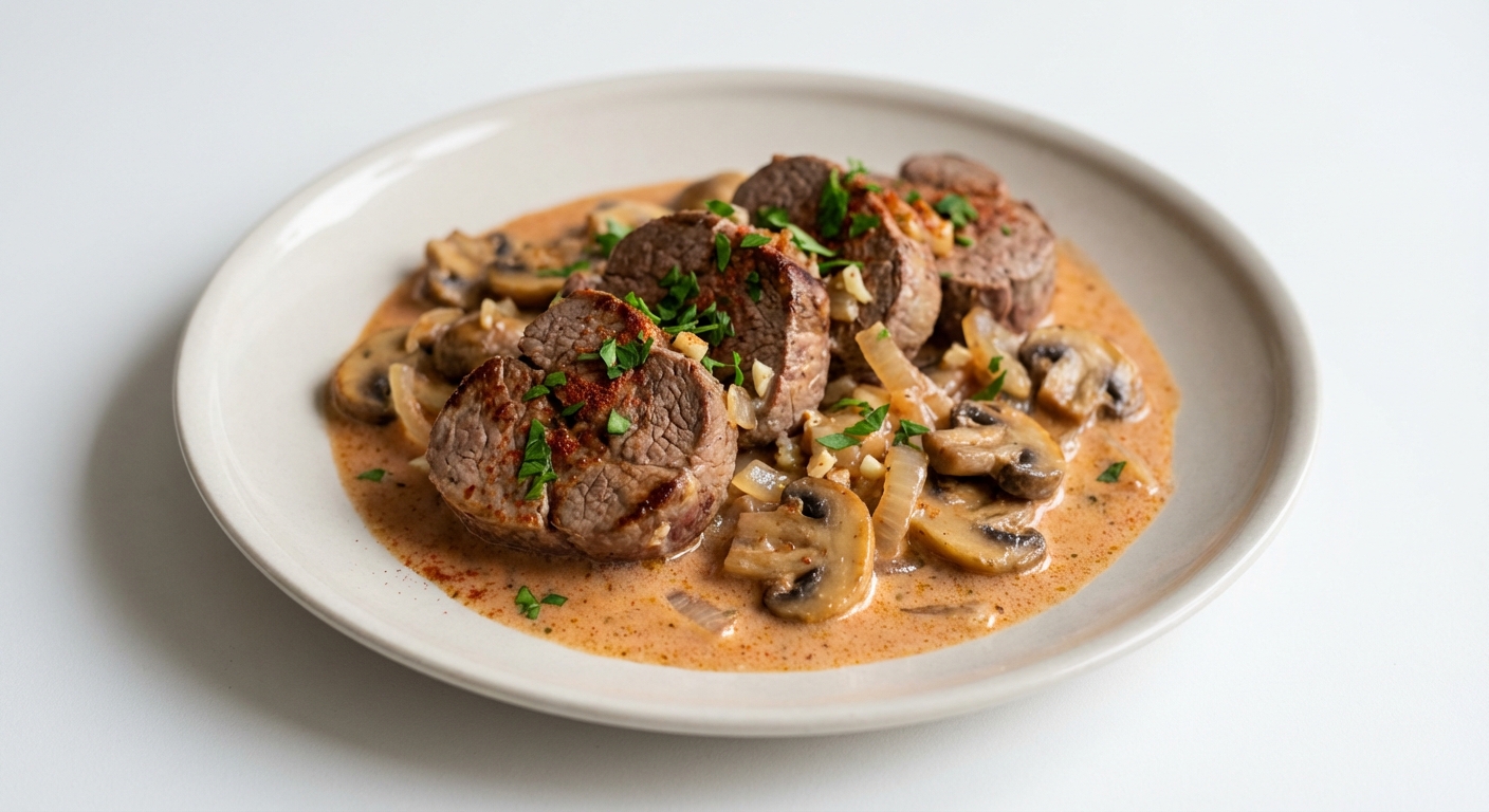 Polędwica Wołowa z Pieczarkami i Jogurtem