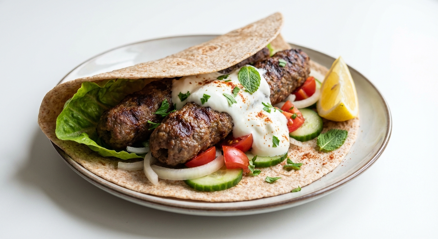 Wołowy Kebab w Tortilli z Jogurtem