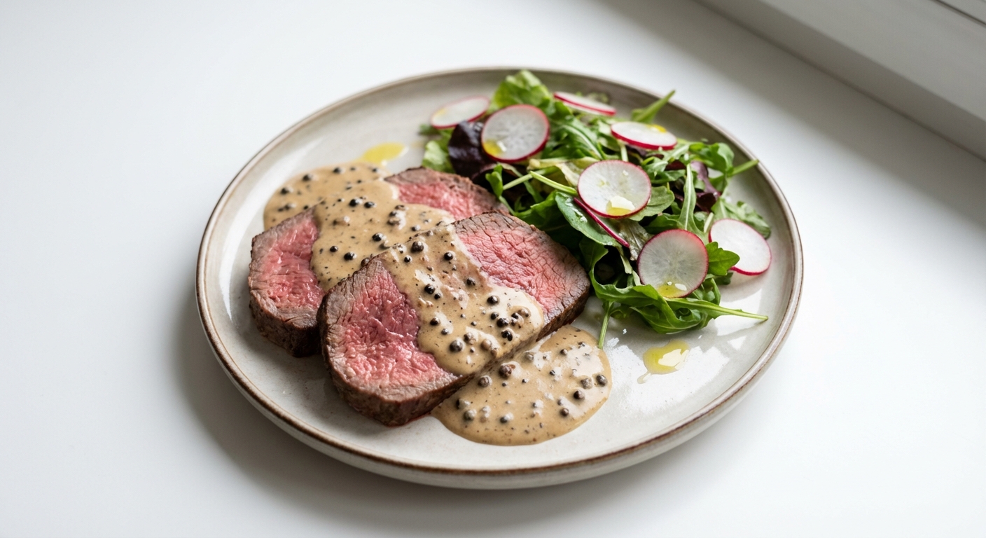 Rostbef w Sosie Pieprzowym z Sałatką