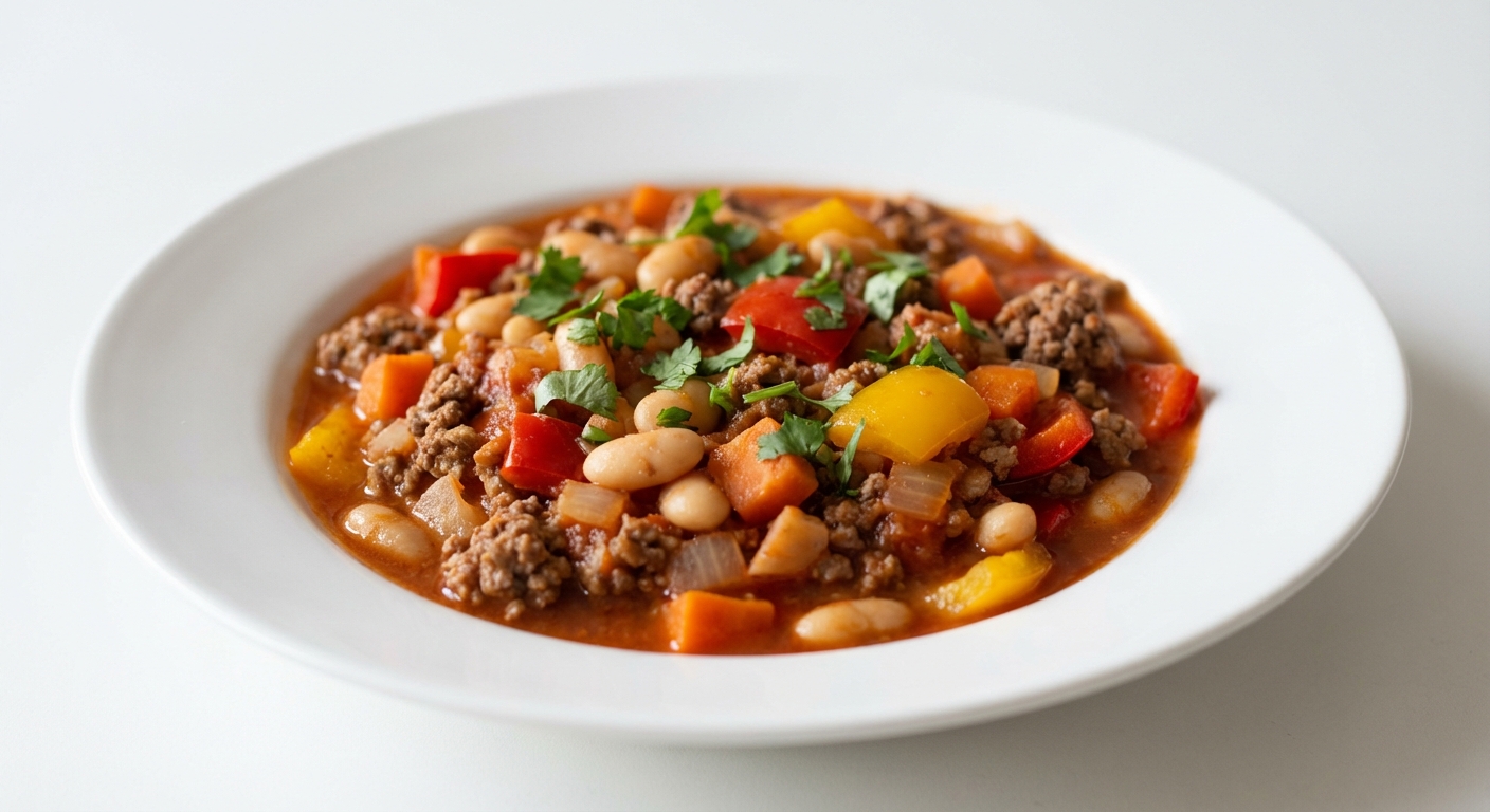 Wołowina z fasolą, papryką i pomidorami