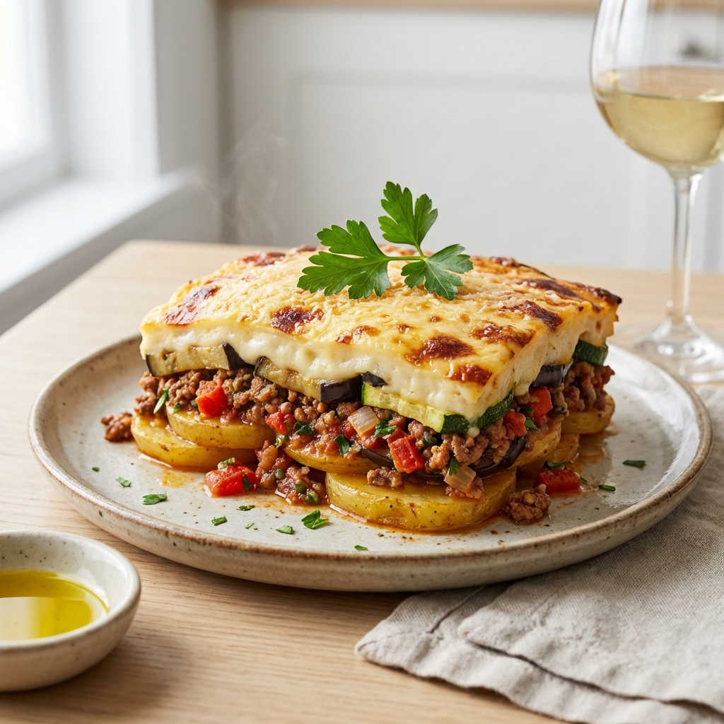 Moussaka z Wołowiną, Bakłażanem i Beszamelem