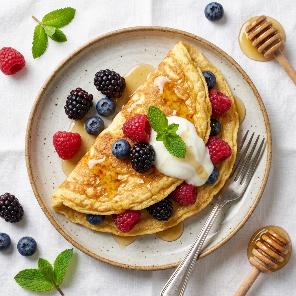 Owsiany omlet z miodem i owocami