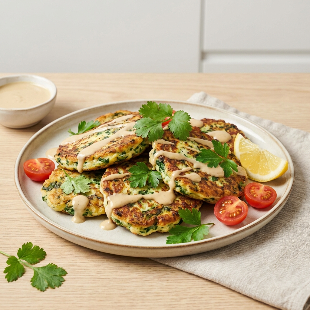 Twarogowe placuszki ze szpinakiem i tahini