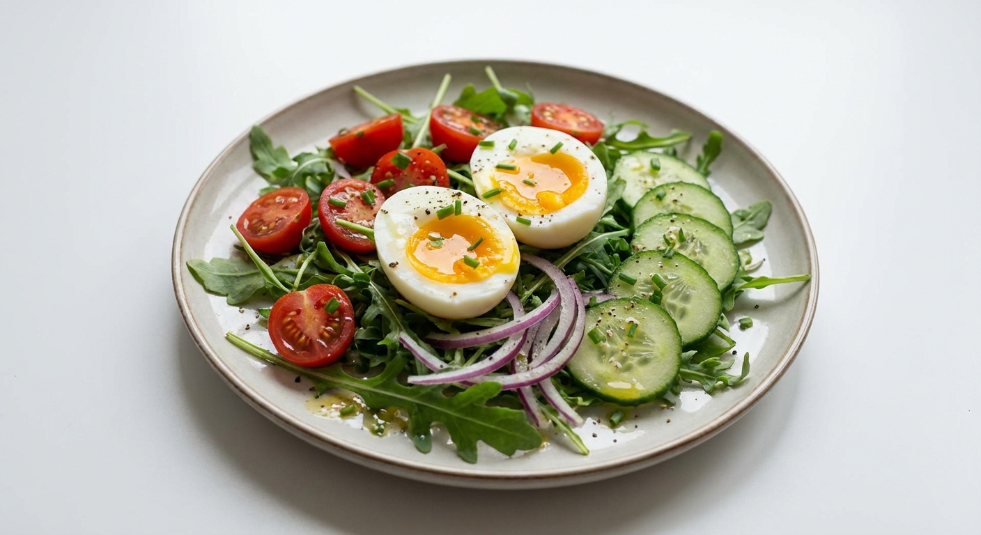 Rukola z jajkiem, pomidorem i ogórkiem