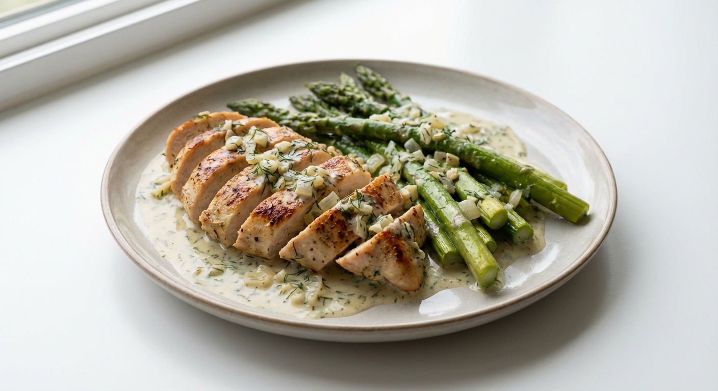 Kurczak ze szparagami w sosie koperkowym