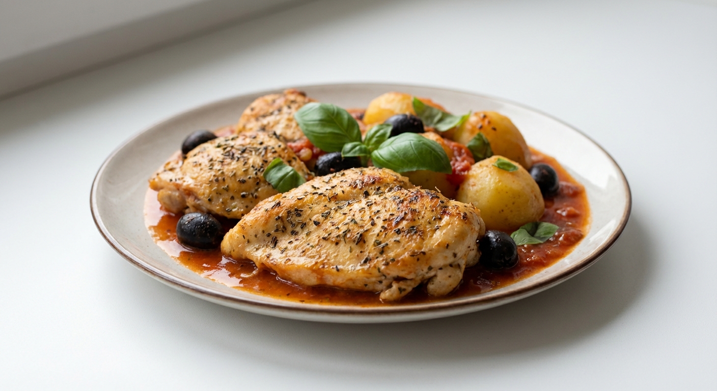 Kurczak z pomidorami, bazylią i oliwkami