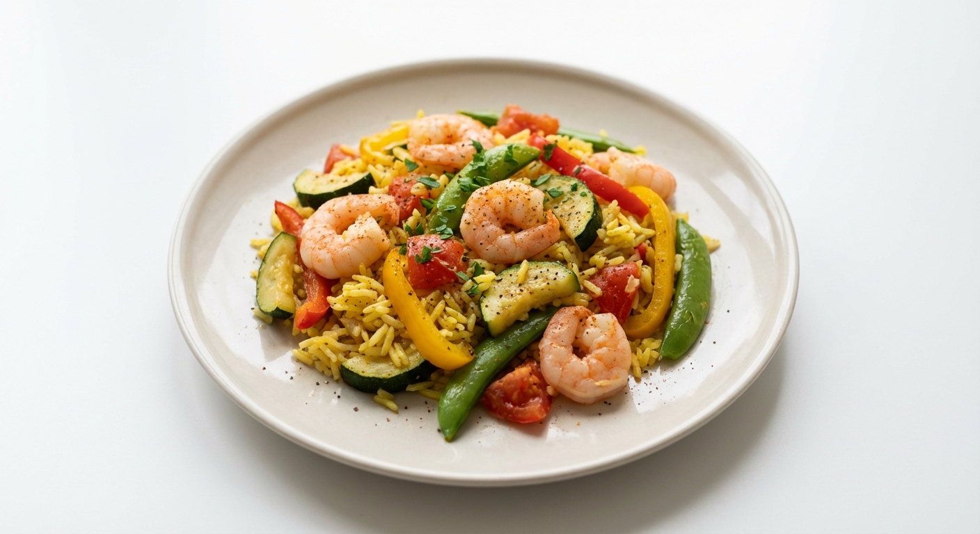 Paella z krewetkami, ryżem i warzywami