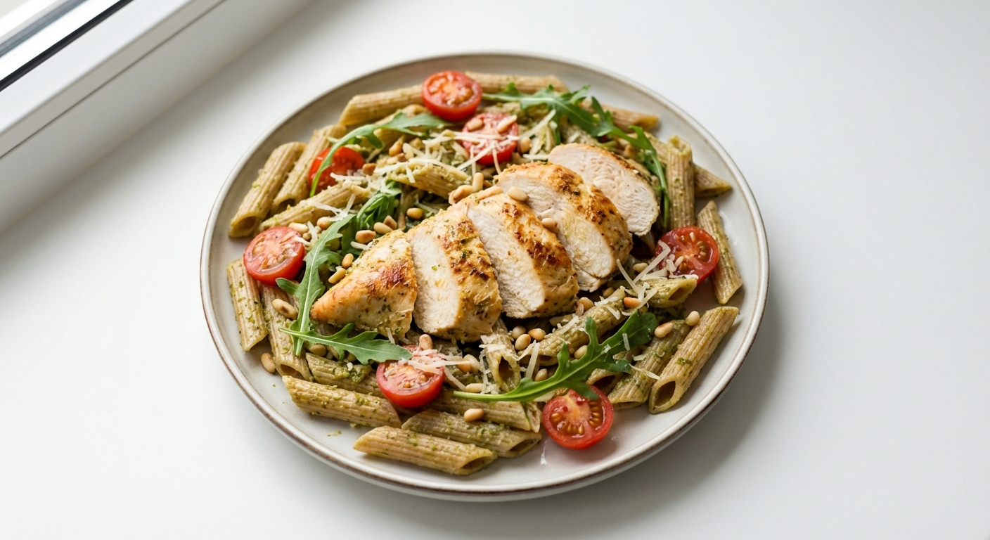 Penne z kurczakiem, rukolą i pesto
