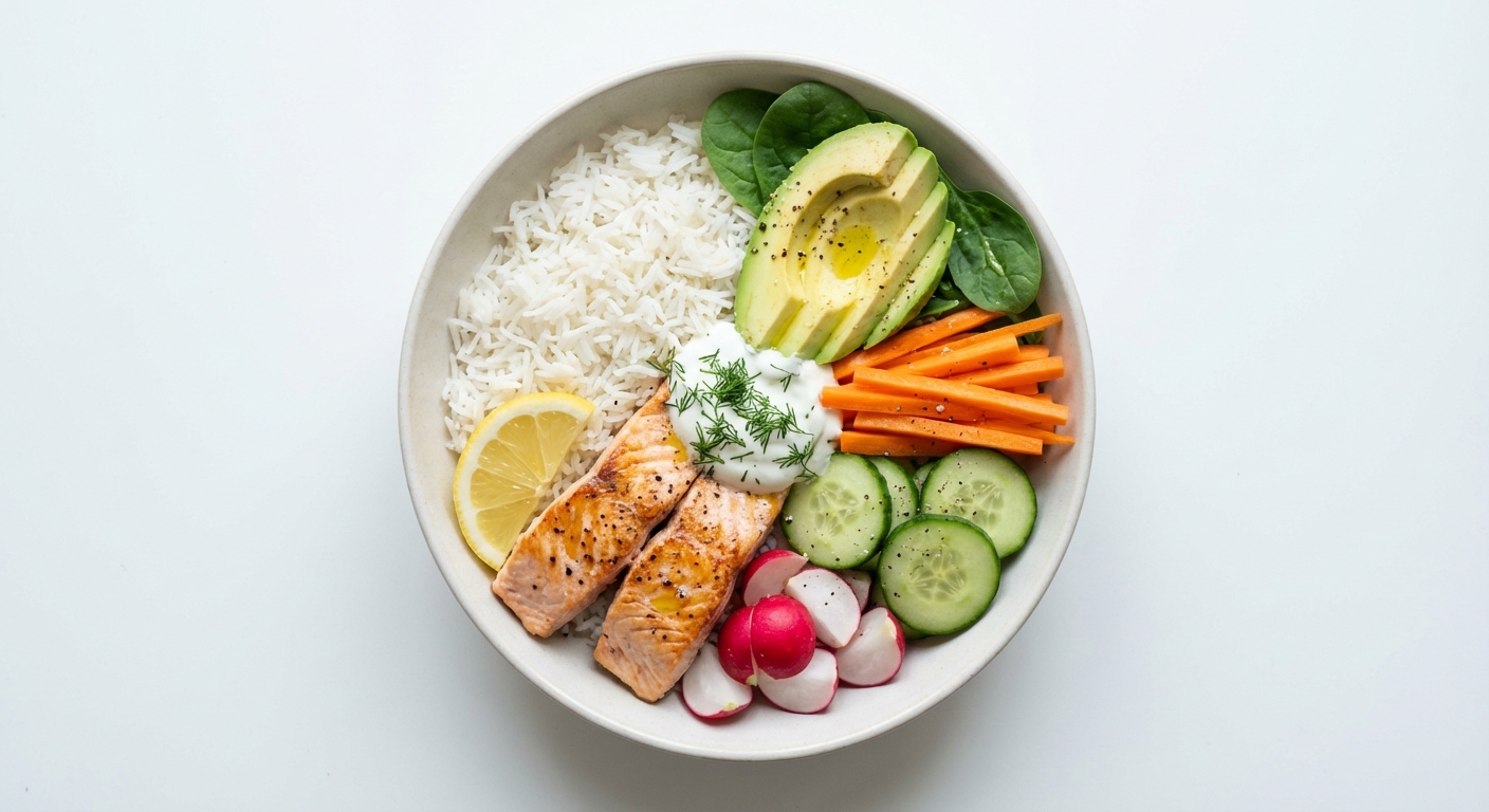 Bowl z łososiem, ryżem i warzywami
