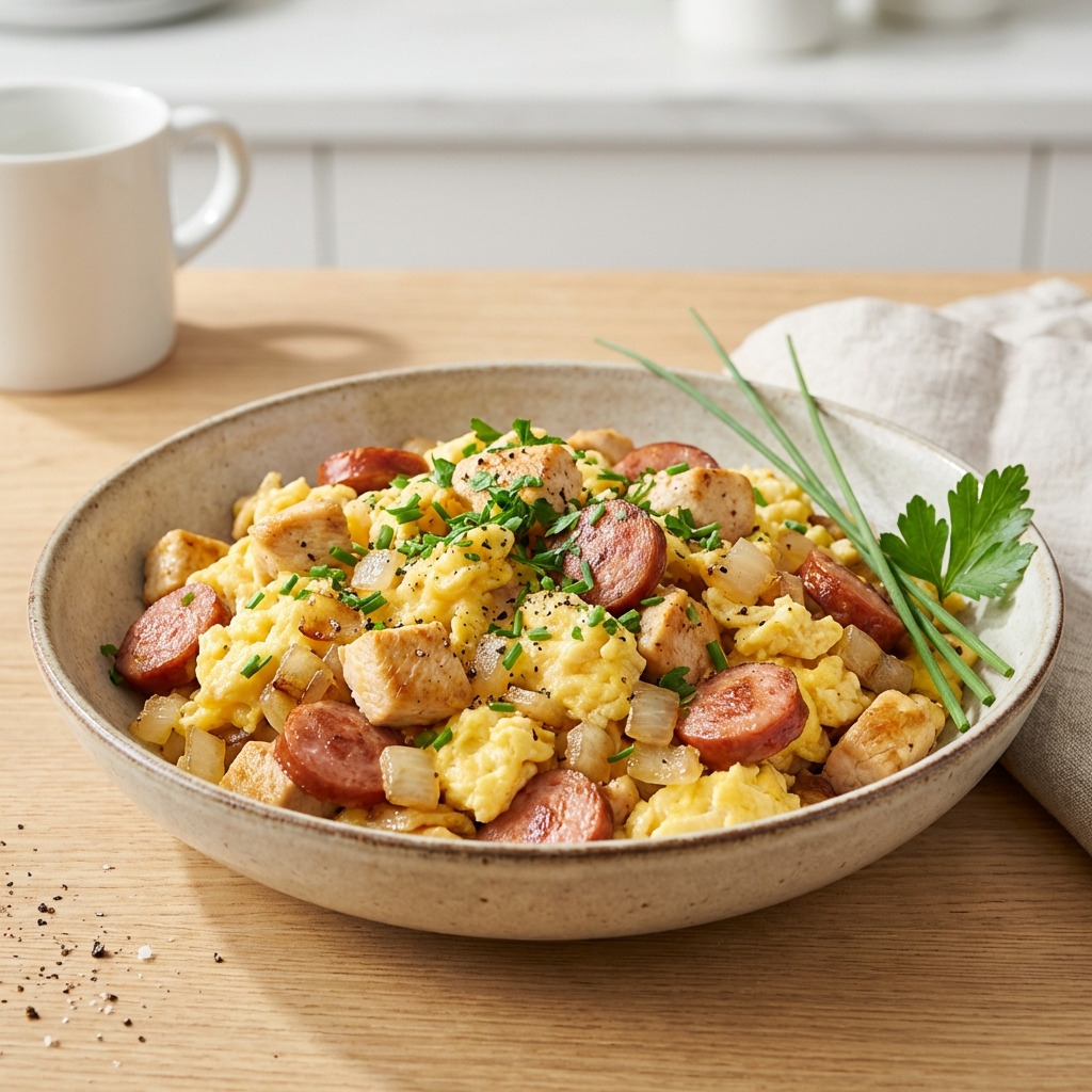 Jajecznica z Kurczakiem, Kiełbasą i Cebulą