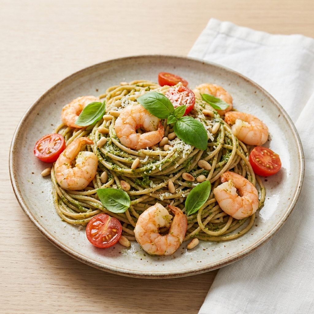 Razowe Spaghetti z Krewetkami i Pesto