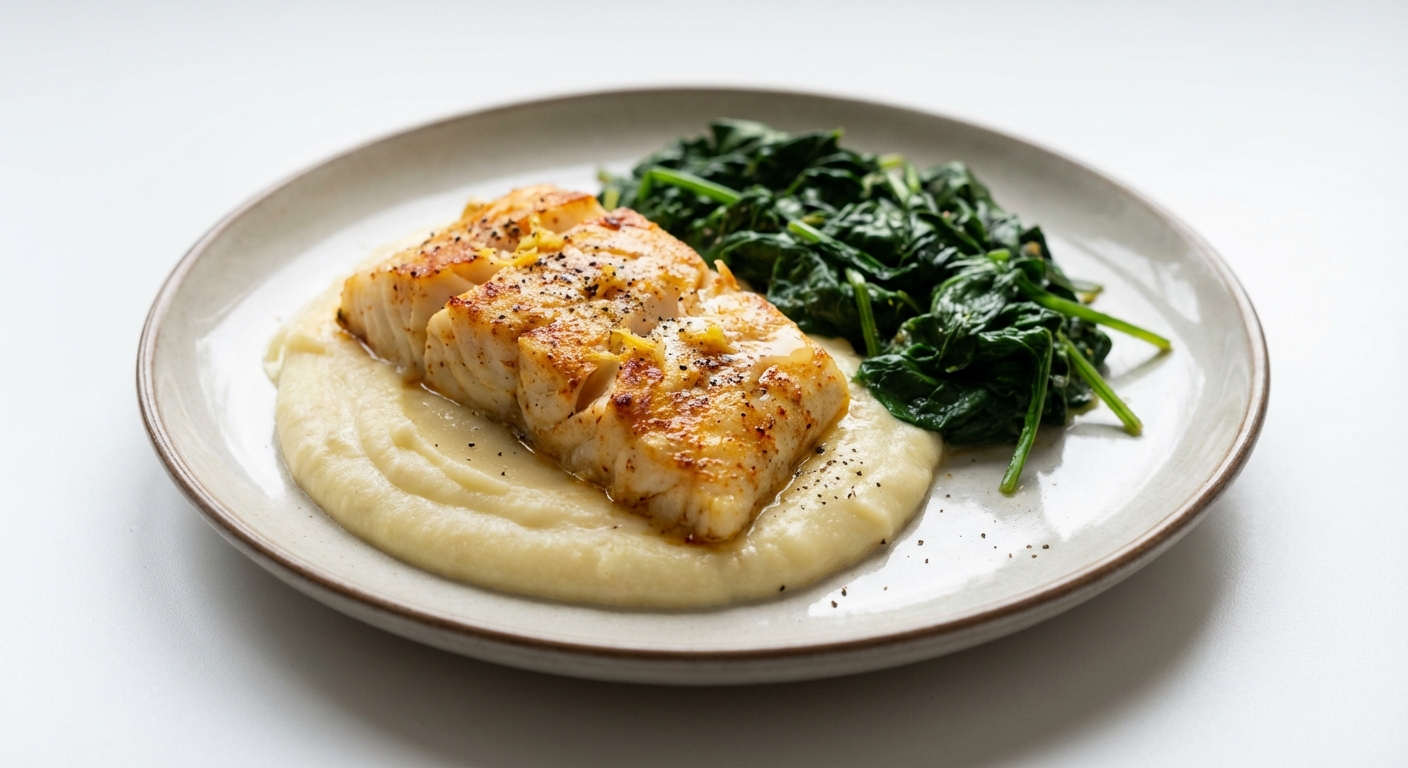 Dorsz z puree i szpinakiem