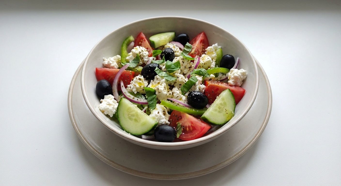 Sałatka z Twarogu, Pomidora i Oliwkami