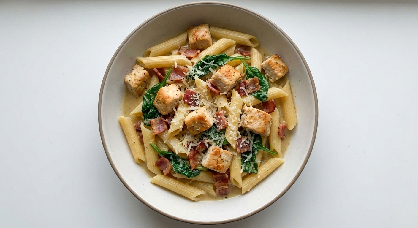 Penne z Kurczakiem, Bekonem i Szpinakiem