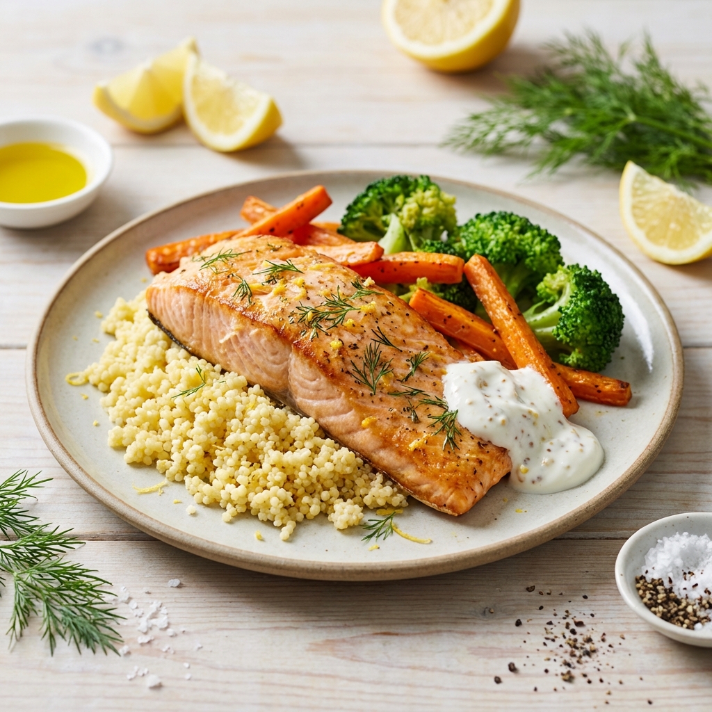 Łosoś z koperkiem, kaszą i warzywami
